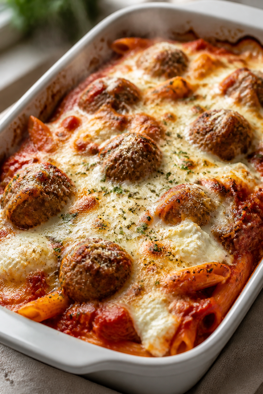 Close-up detail: A bubbling Meatball Parmesan casserole just uncovered from the oven, showing carame
