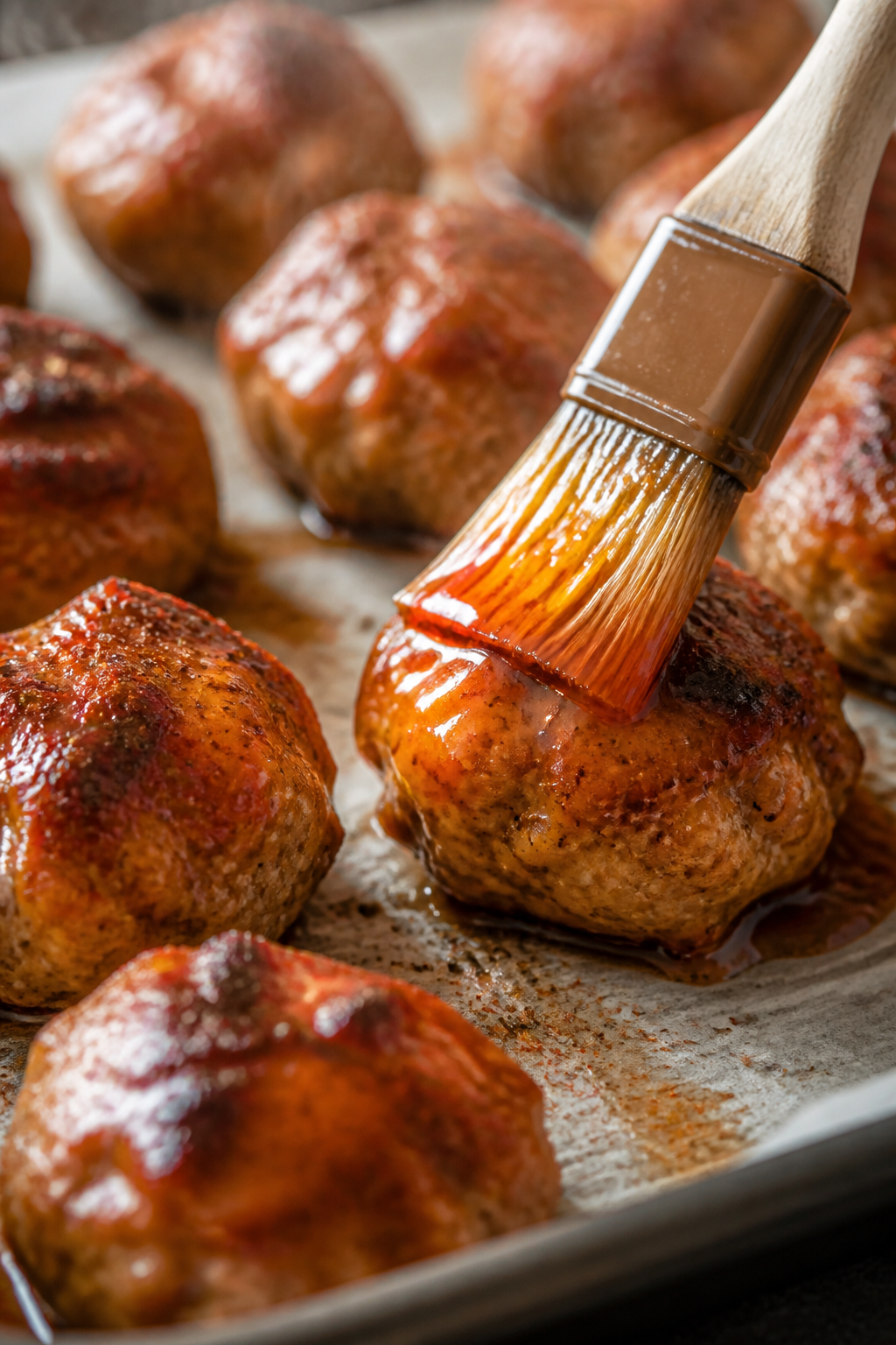 Close-up detail: A cluster of just-cooked buffalo turkey meatballs resting on a parchment-lined shee