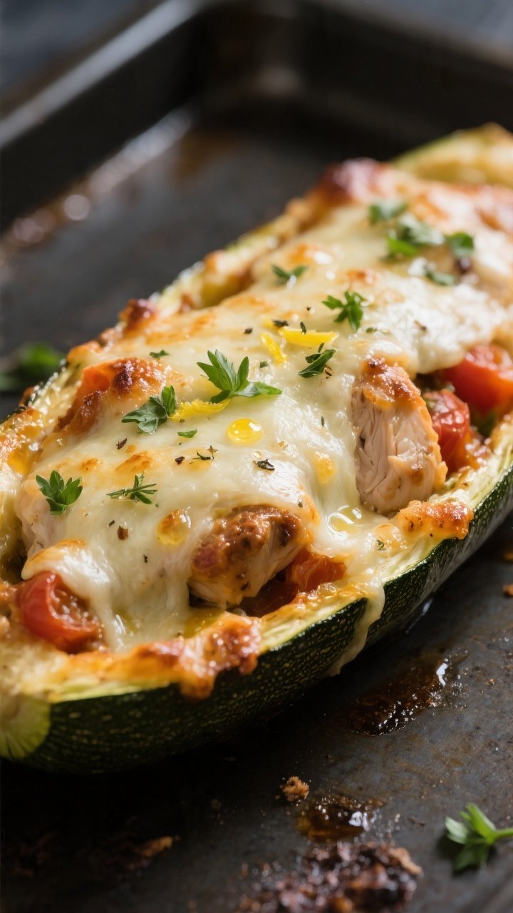 Close-up detail: A freshly baked Italian chicken zucchini boat just out of the oven, cheese melted a