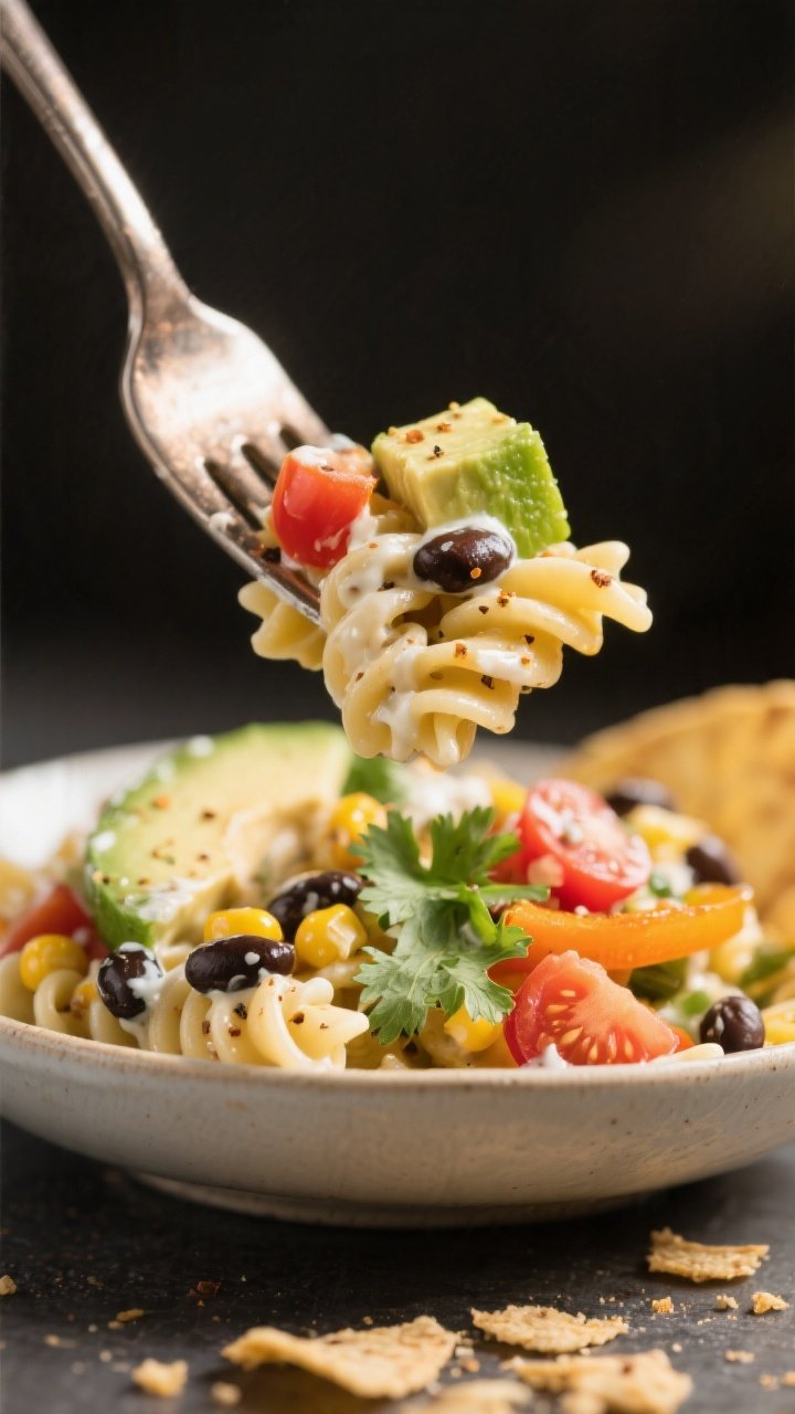Close-up detail: A glossy forkful of Healthy Taco Pasta Salad lifted from a bowl—showing rotini co