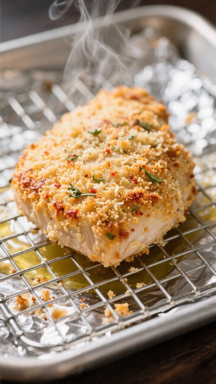 Close-up detail: A golden-brown, baked Parmesan-crusted chicken breast just out of the oven on a wir