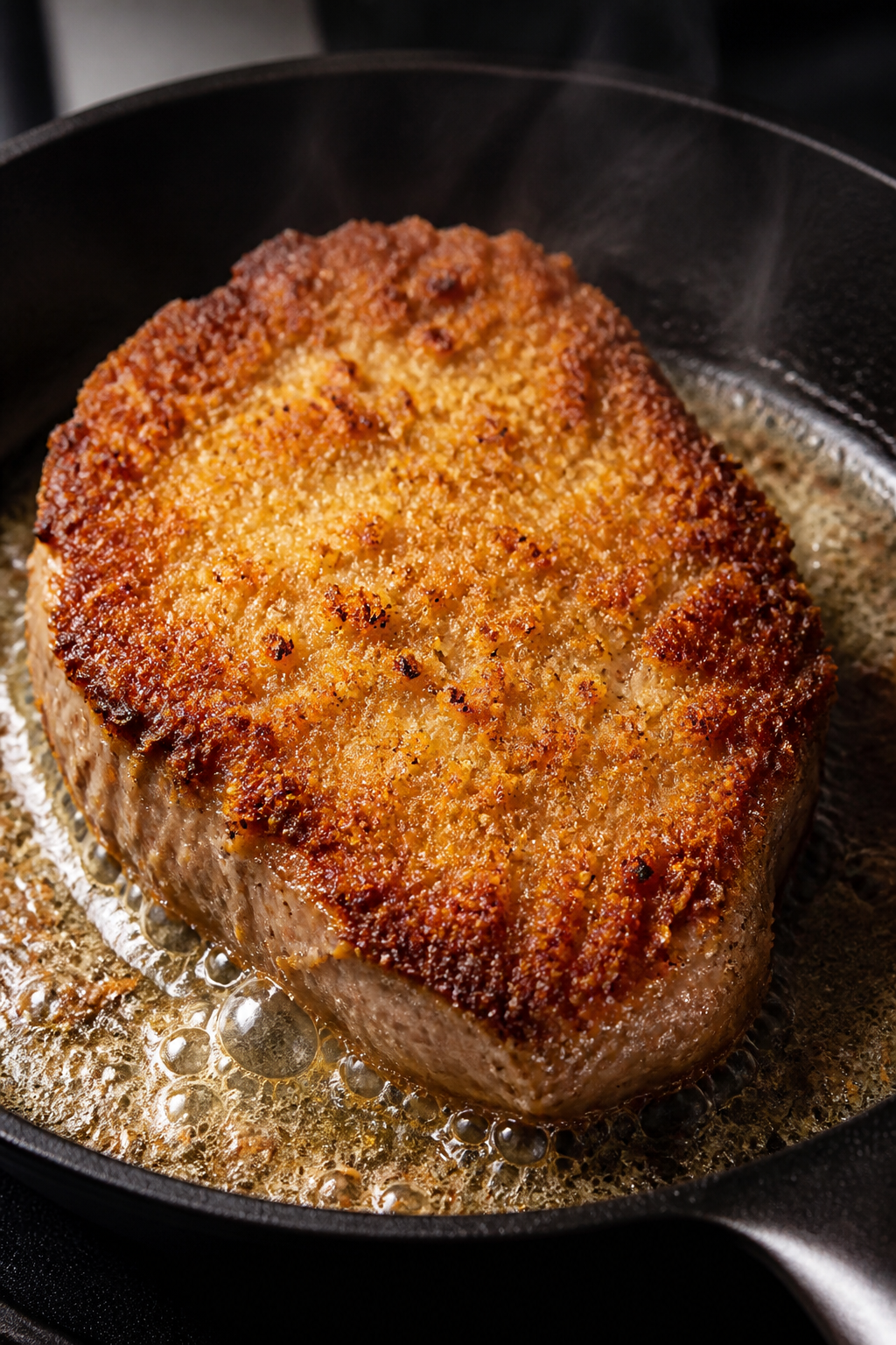 Close-up detail: A golden-brown Parmesan–panko crust on a seared pork chop sizzling in a black ski