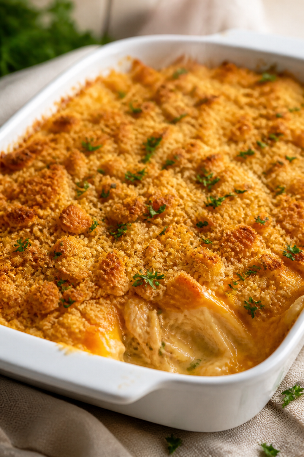 Close-up detail: A golden, bubbling Million Dollar Chicken Casserole just out of the oven, focus on 