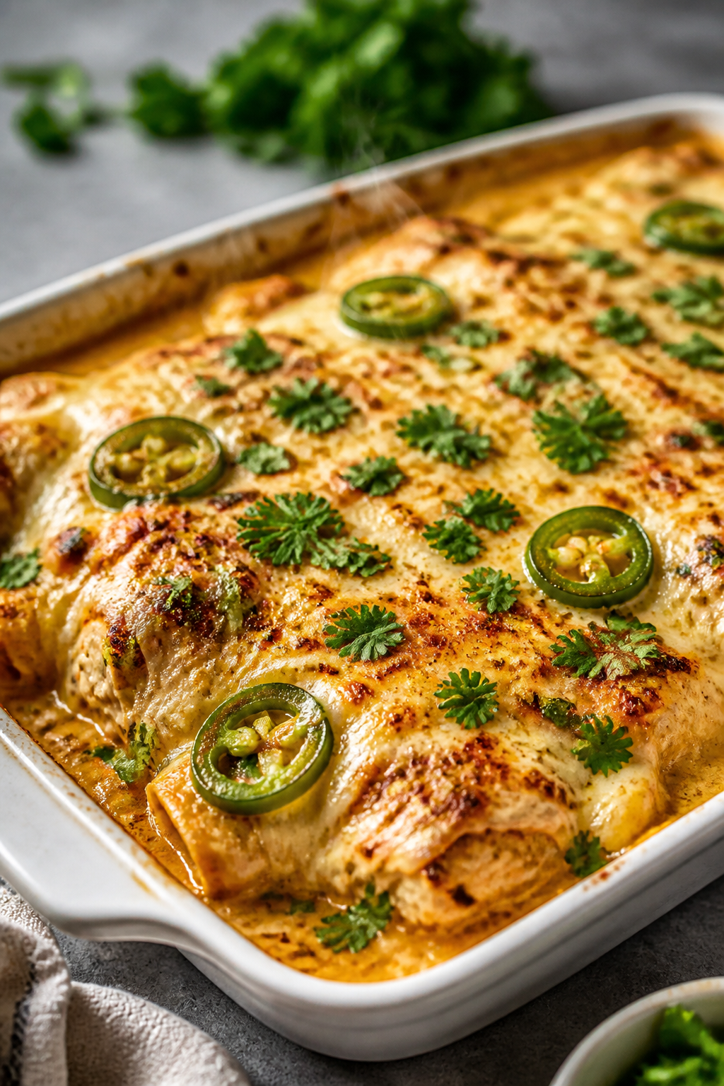Close-up detail: A golden, bubbly Jalapeño Chicken Bake just out of the oven, showing lightly charr