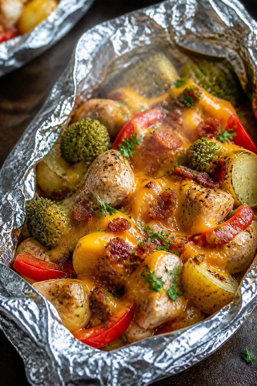 Close-up detail: A just-opened chicken foil packet on a dark sheet pan, steam rising, showcasing jui