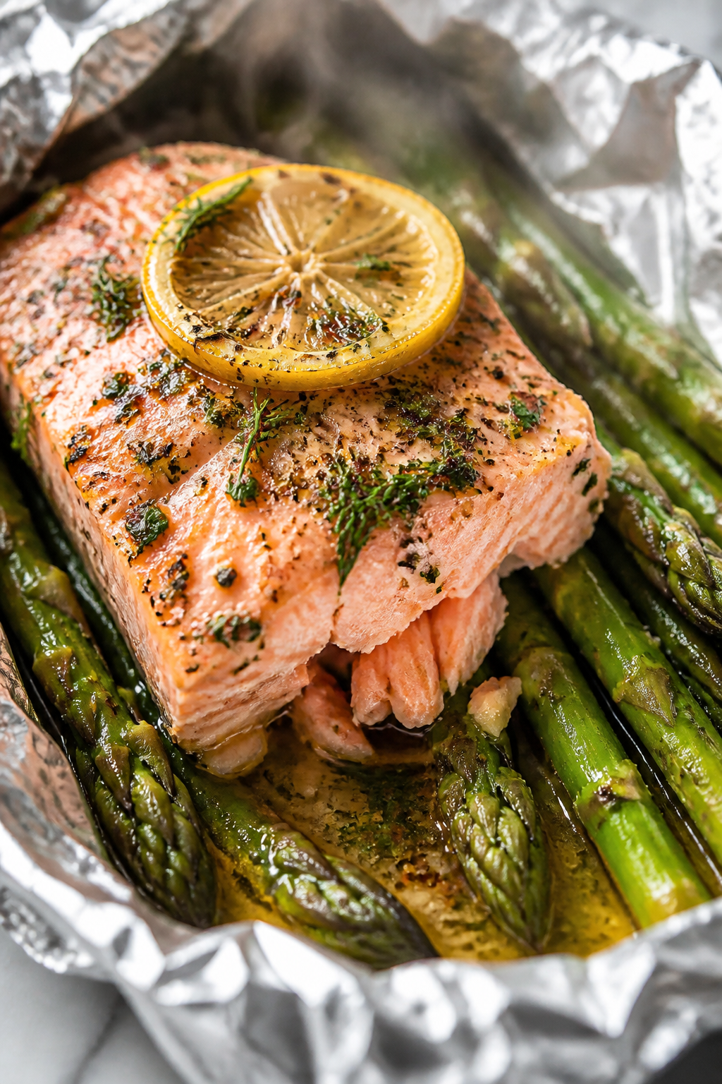 Close-up detail: A just-opened foil packet of Garlic Herb Salmon & Asparagus, steam rising, salmon f