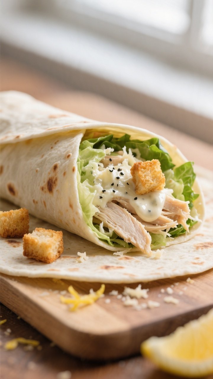 Close-up detail: A just-sliced Chicken Caesar wrap with cottage-cheese Caesar dressing visibly cream