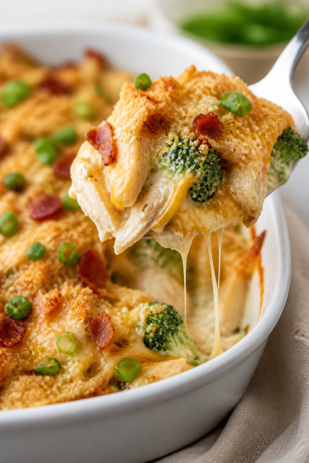 Close-up detail: A spoonful lifted from a freshly baked High Protein Crack Chicken Casserole, showin