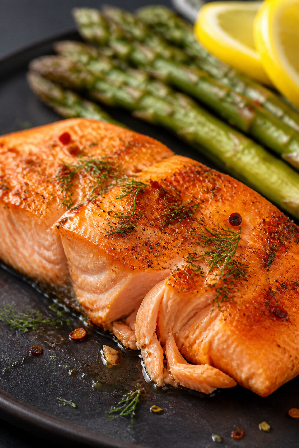 Close-up detail: Air-fried salmon fillet just out of the basket with a lightly crisped, paprika-spec