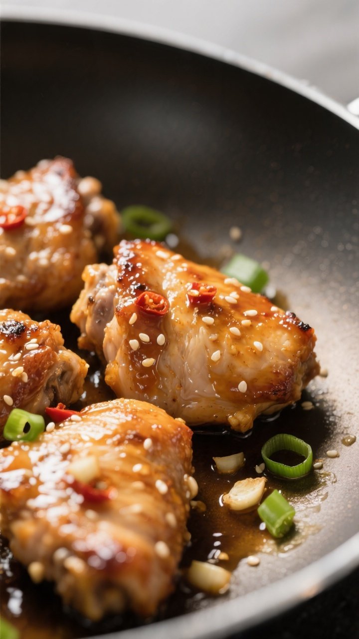 Close-up detail: Bite-sized seared chicken thighs tossed in a thick, glossy honey-garlic-chili glaze