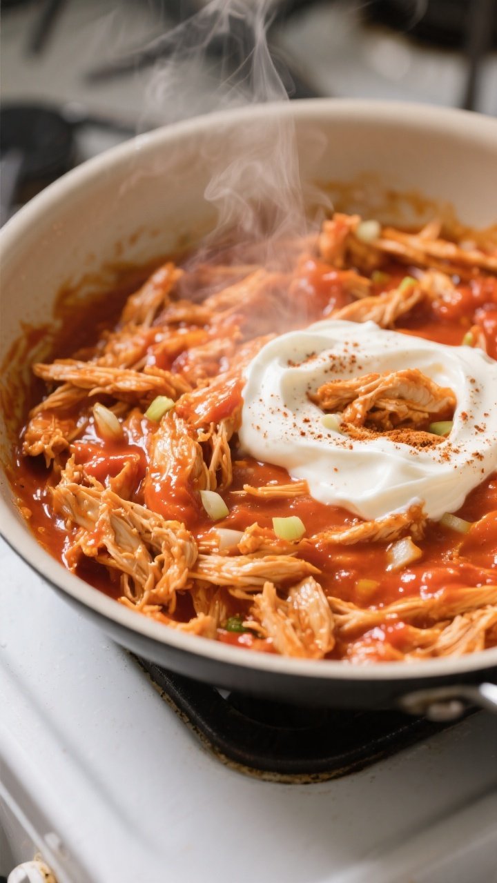 Close-up detail: Buffalo chicken filling simmering in a skillet, glistening shredded chicken coated