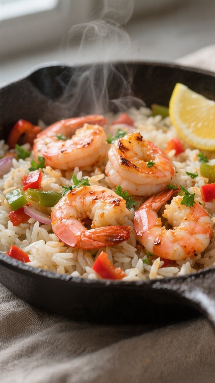 Close-up detail: Cajun shrimp just cooked on top of fluffy rice in a skillet, shrimp pink and opaque