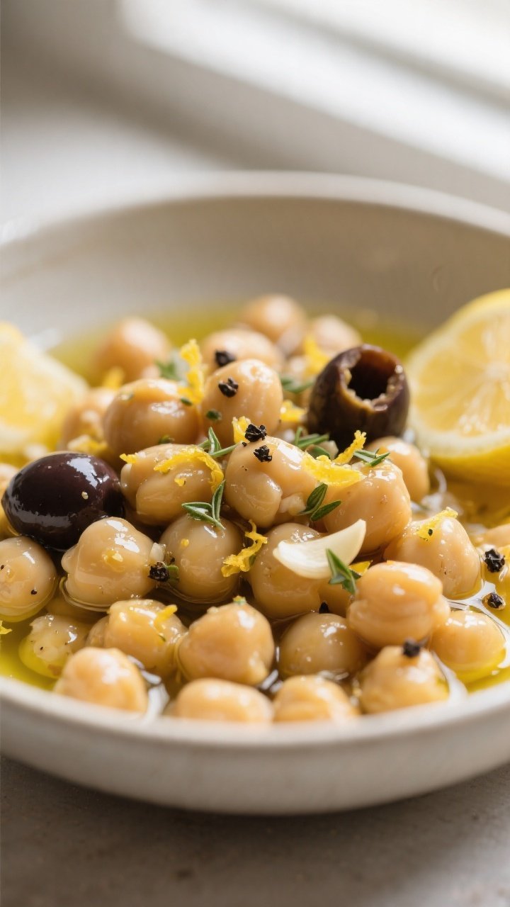 Close-up detail: Chickpeas freshly dressed and glistening in lemony olive oil with visible lemon zes