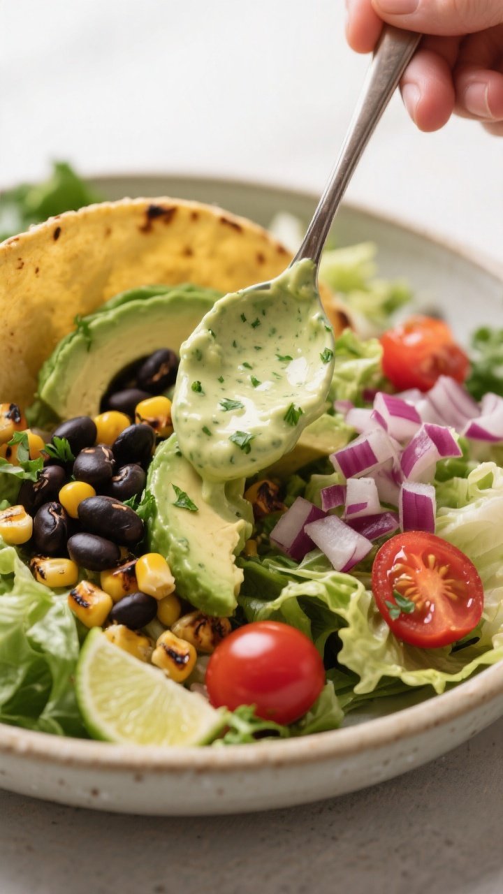 Close-up detail: Creamy avocado dressing being folded into the assembled taco salad—romaine ribbon