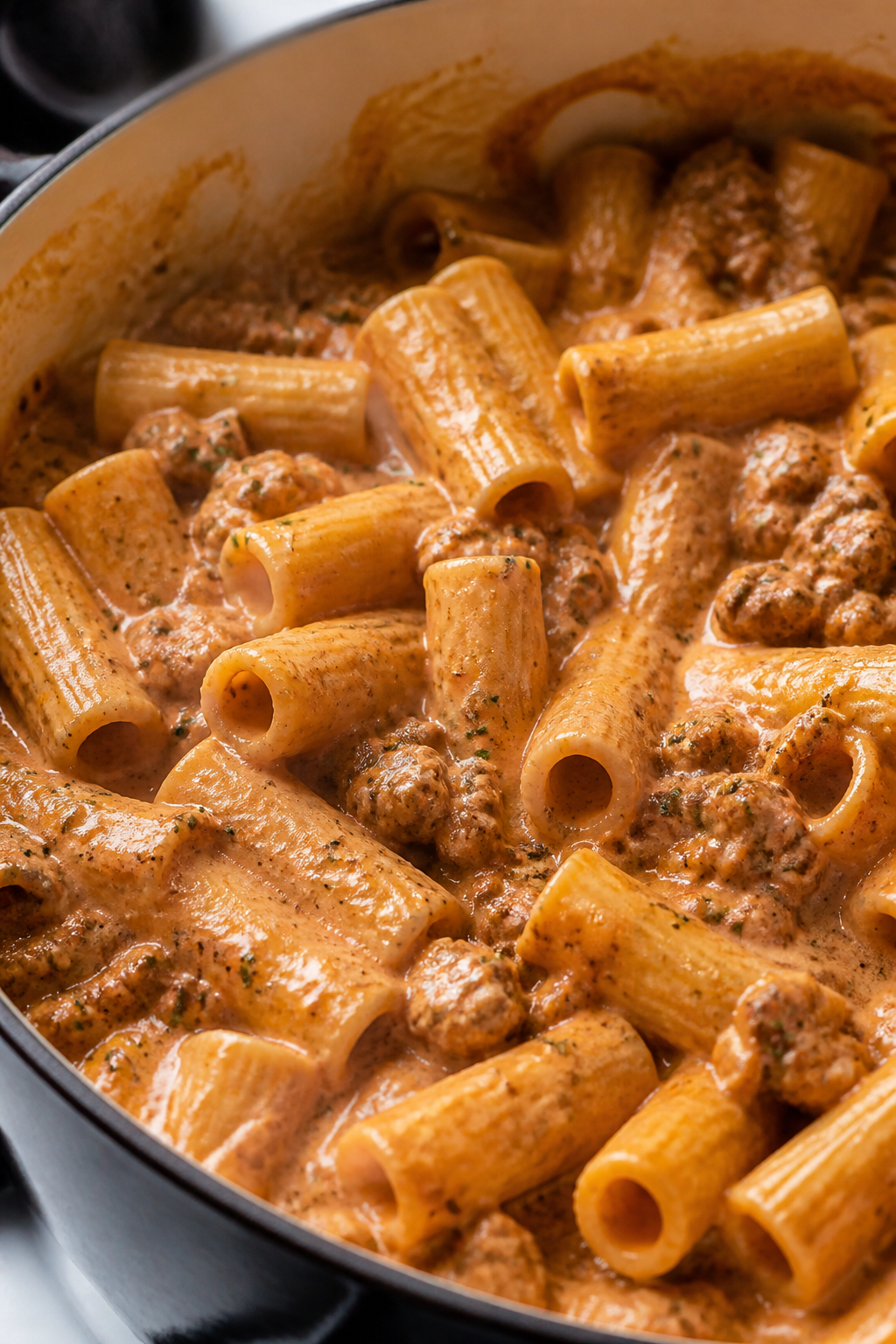 Close-up detail: Creamy beef pasta simmering in a Dutch oven right after the cream and Parmesan are