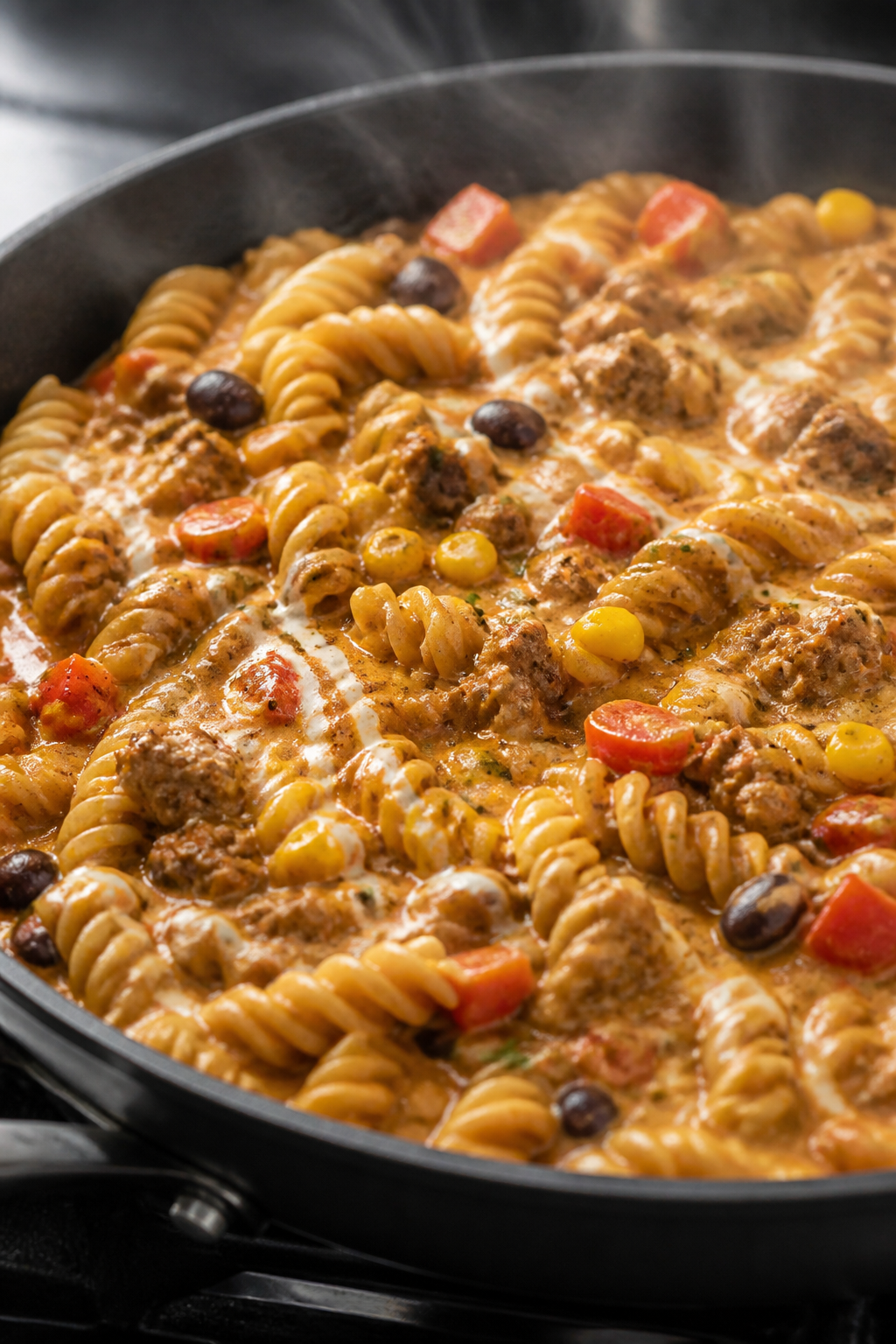 Close-up detail: Creamy high-protein taco pasta simmering in a deep skillet, rotini coated in a glos
