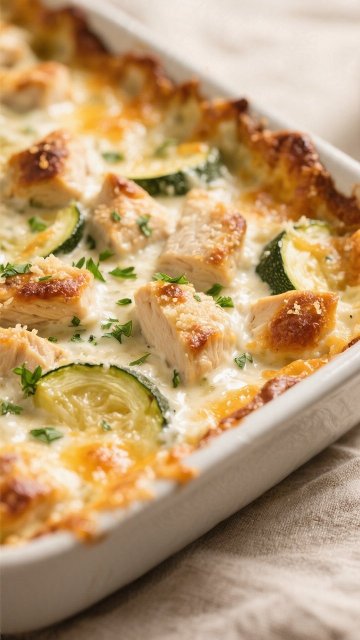 Close-up detail: Creamy ranch chicken zucchini bake just out of the oven, bubbling edges and lightly