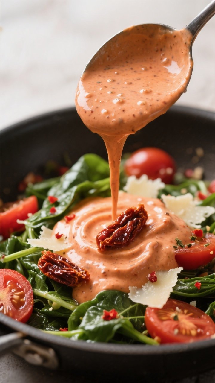 Close-up detail – Creamy sauce moment: Ladle of velvety sun-dried tomato cream sauce being poured