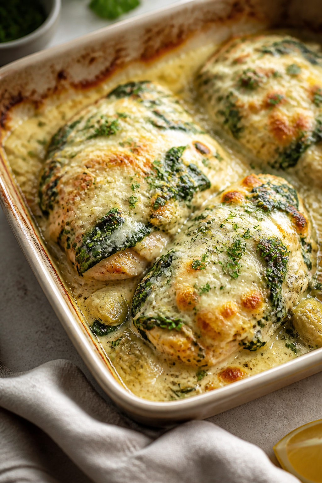 Close-up detail: Creamy spinach artichoke mixture melting over baked chicken breasts just out of the