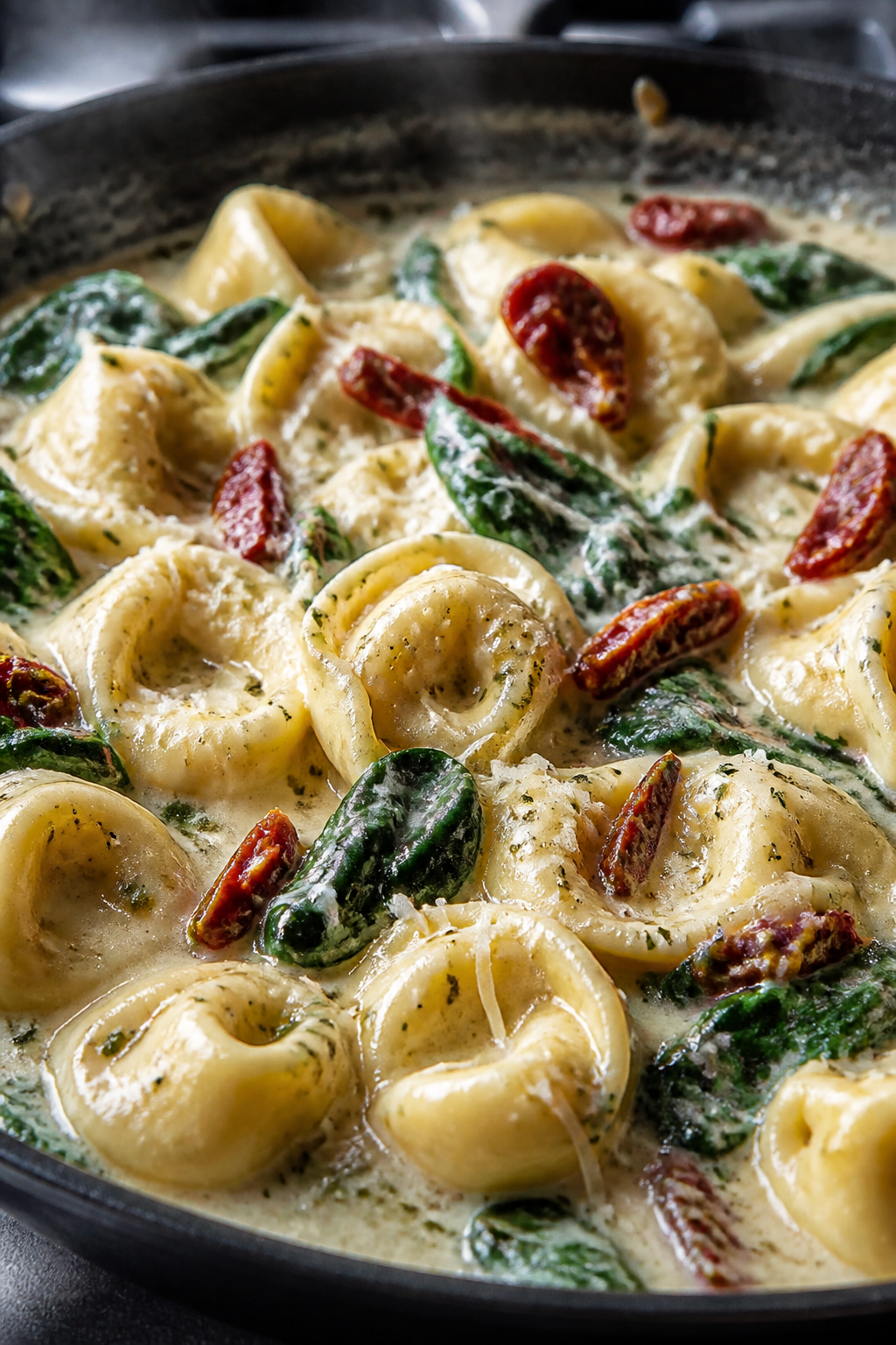 Close-up detail: Creamy Tuscan Tortellini simmering in a deep skillet, cheese tortellini coated in a