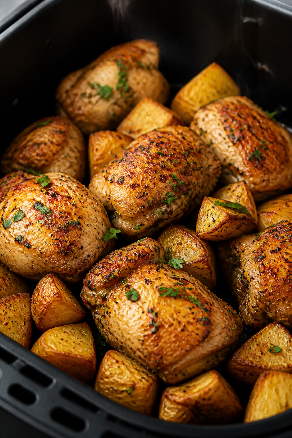 Close-up detail: Crispy air-fried potatoes nestled with juicy ranch-seasoned chicken thigh pieces fr
