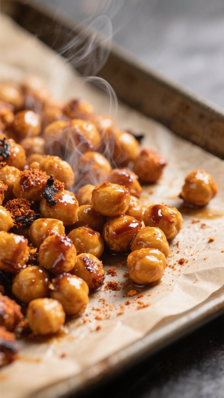 Close-up detail: Crispy BBQ-glazed chickpeas just out of the oven, golden-brown with sticky, slightl