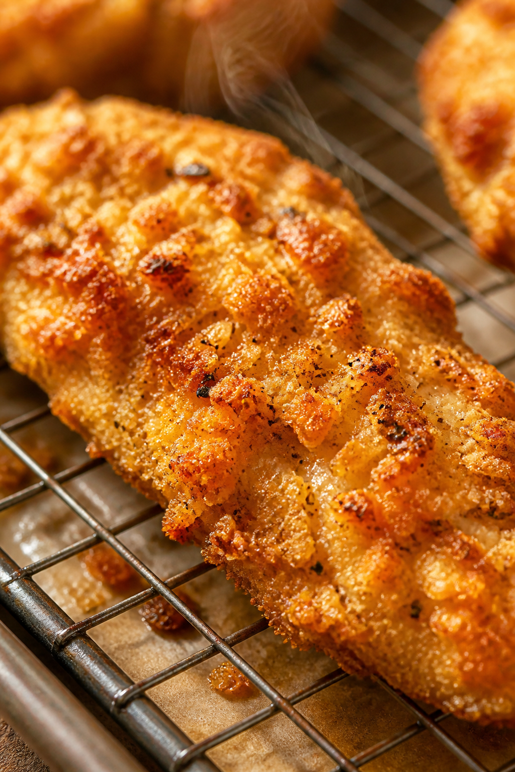 Close-up detail: Crispy Parmesan crusted chicken tender just out of the air fryer, extreme close-up 