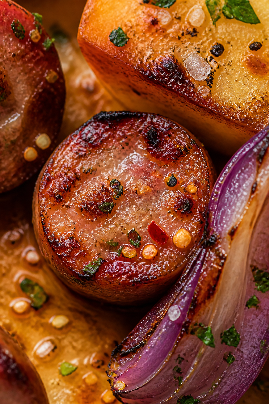 Close-up detail: Extreme close-up of a sliced Italian sausage coin with a sizzling, browned crust an