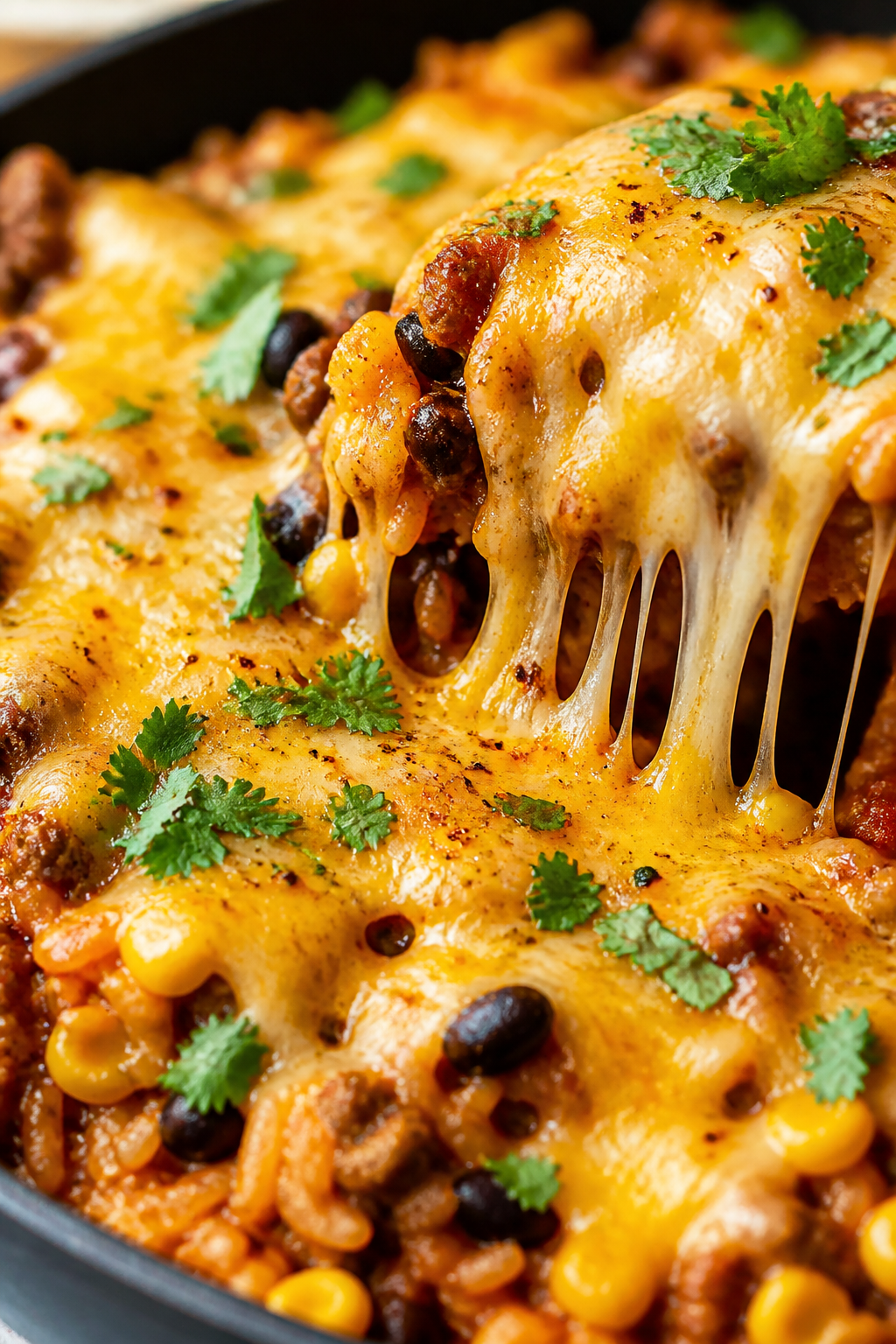 Close-up detail: Extreme close-up of the cheesy finish on the turkey taco skillet, capturing gooey, 