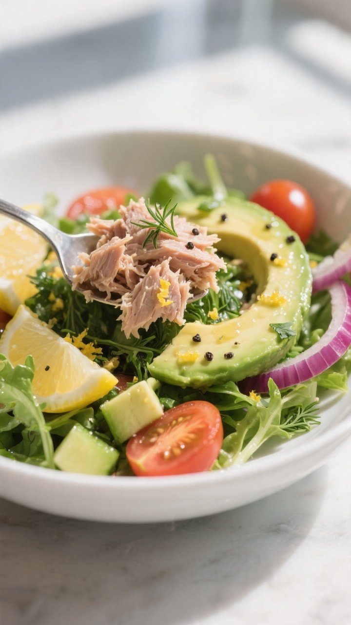 Close-up detail: Flaky drained tuna spooned over mixed greens with diced ripe avocado nestled alongs