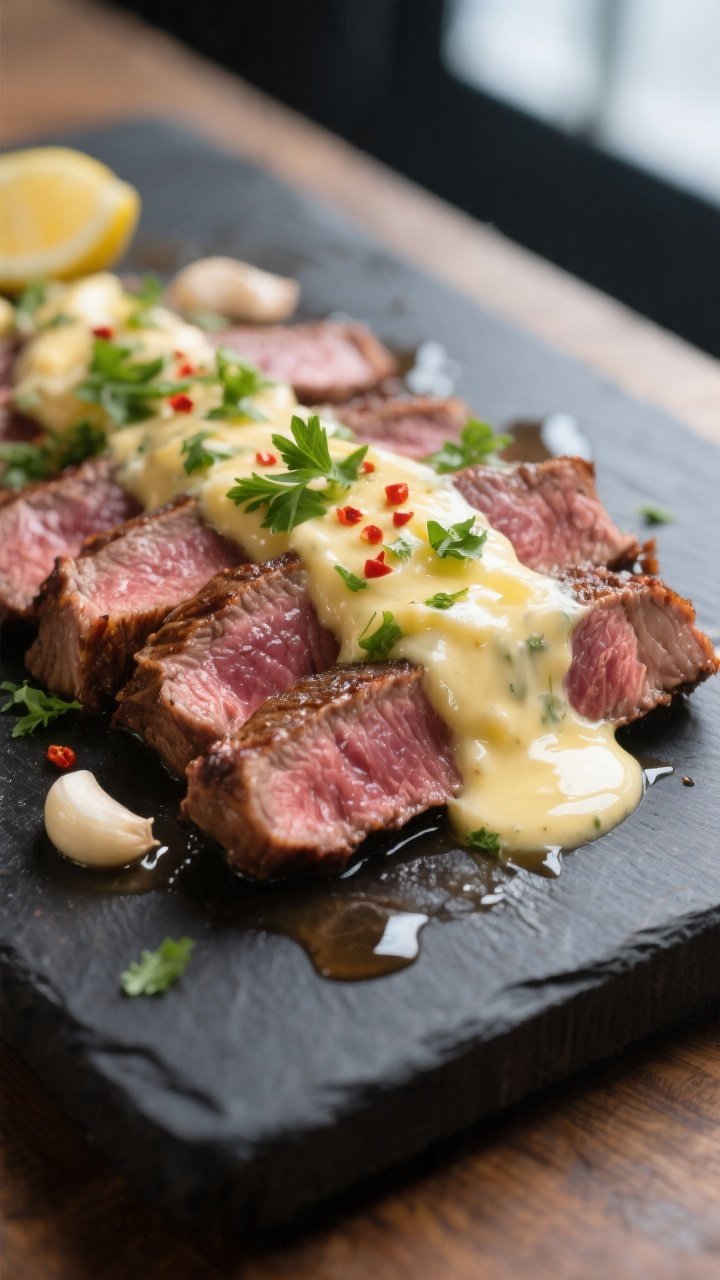 Close-up detail — Garlic butter finish: Macro shot of thinly sliced, medium-rare steak strips (ros
