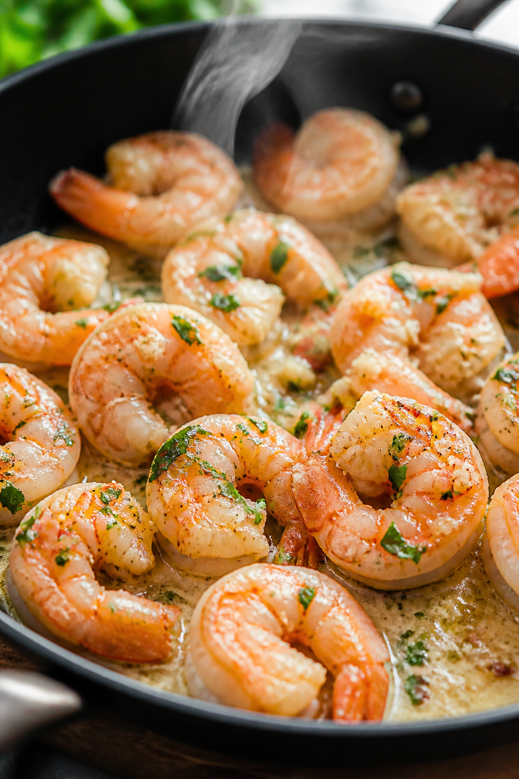 Close-up detail: Garlic Parmesan shrimp just off the skillet, pink and opaque with a glossy butter-l