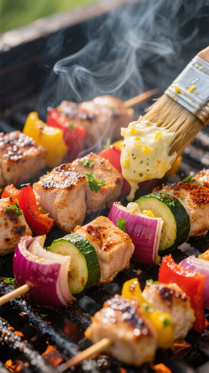 Close-up detail: Glazed garlic butter chicken kabobs sizzling on a grill, medium-high heat, visible 