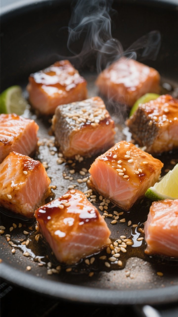 Close-up detail: Glazed salmon cubes searing in a nonstick skillet, edges lightly caramelized and fl