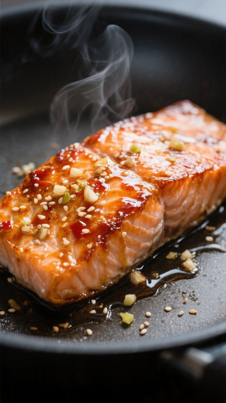 Close-up detail: Glazed salmon fillet just finished in a nonstick skillet, skin crisped and carameli