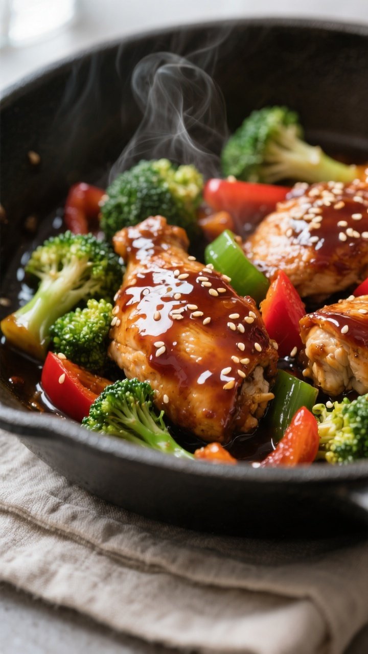 Close-up detail: Glazed teriyaki chicken and broccoli in a skillet right after the cornstarch slurry