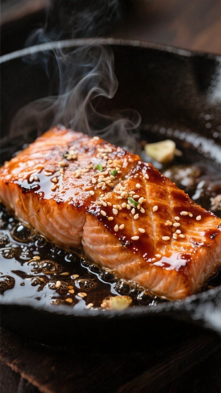 Close-up detail: Glazed teriyaki salmon just after flipping in a cast-iron skillet, sauce bubbling a