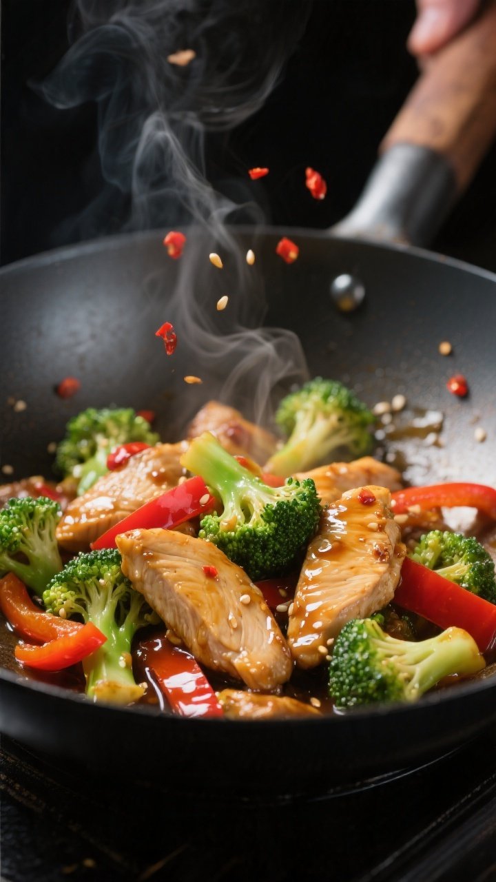 Close-up detail: Glossy chicken and broccoli stir fry mid-toss in a hot wok, chicken slices seared w