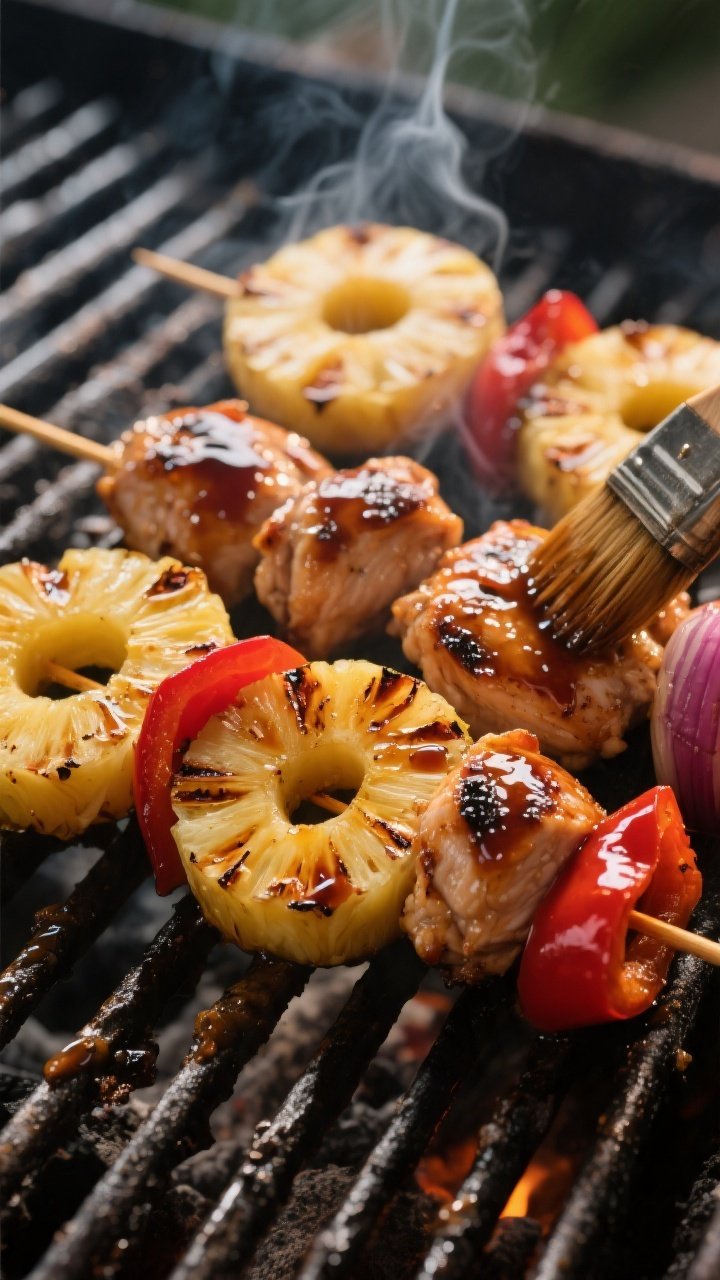 Close-up detail: Glossy grilled pineapple teriyaki chicken skewers on the grill grates at medium-hig