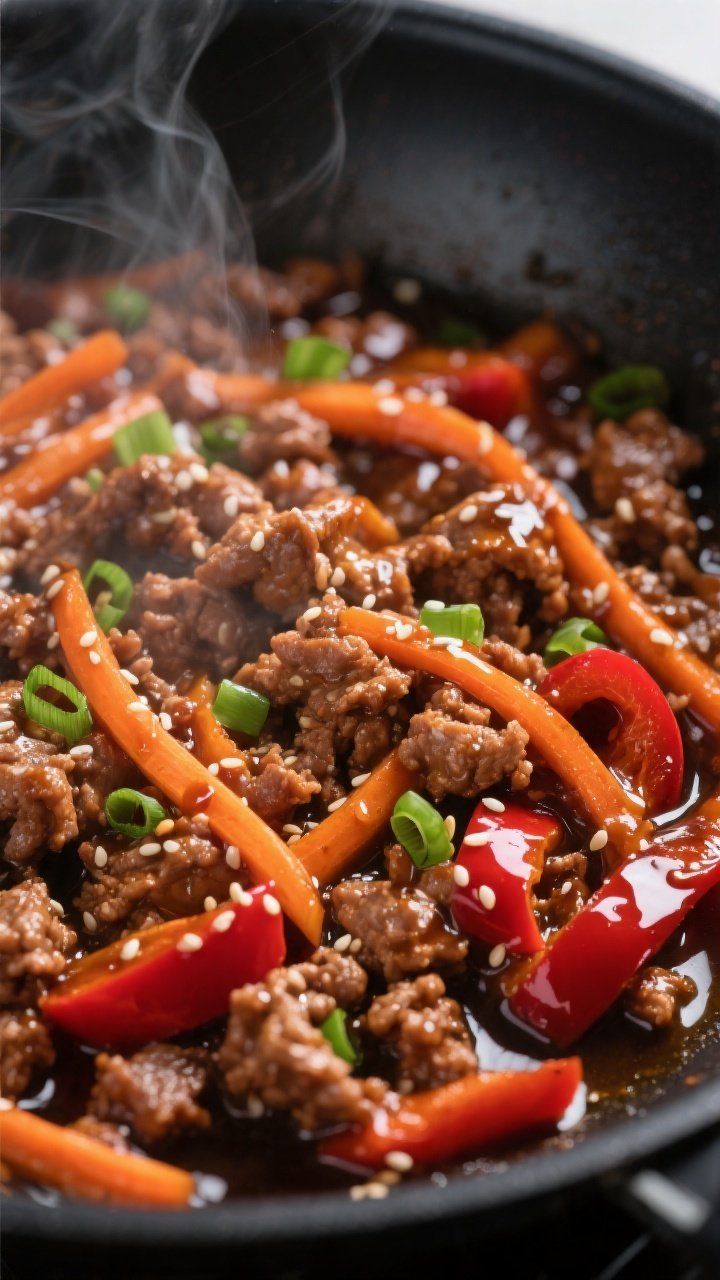 Close-up detail: Glossy ground turkey teriyaki sizzling in a skillet as the sauce thickens, showing 