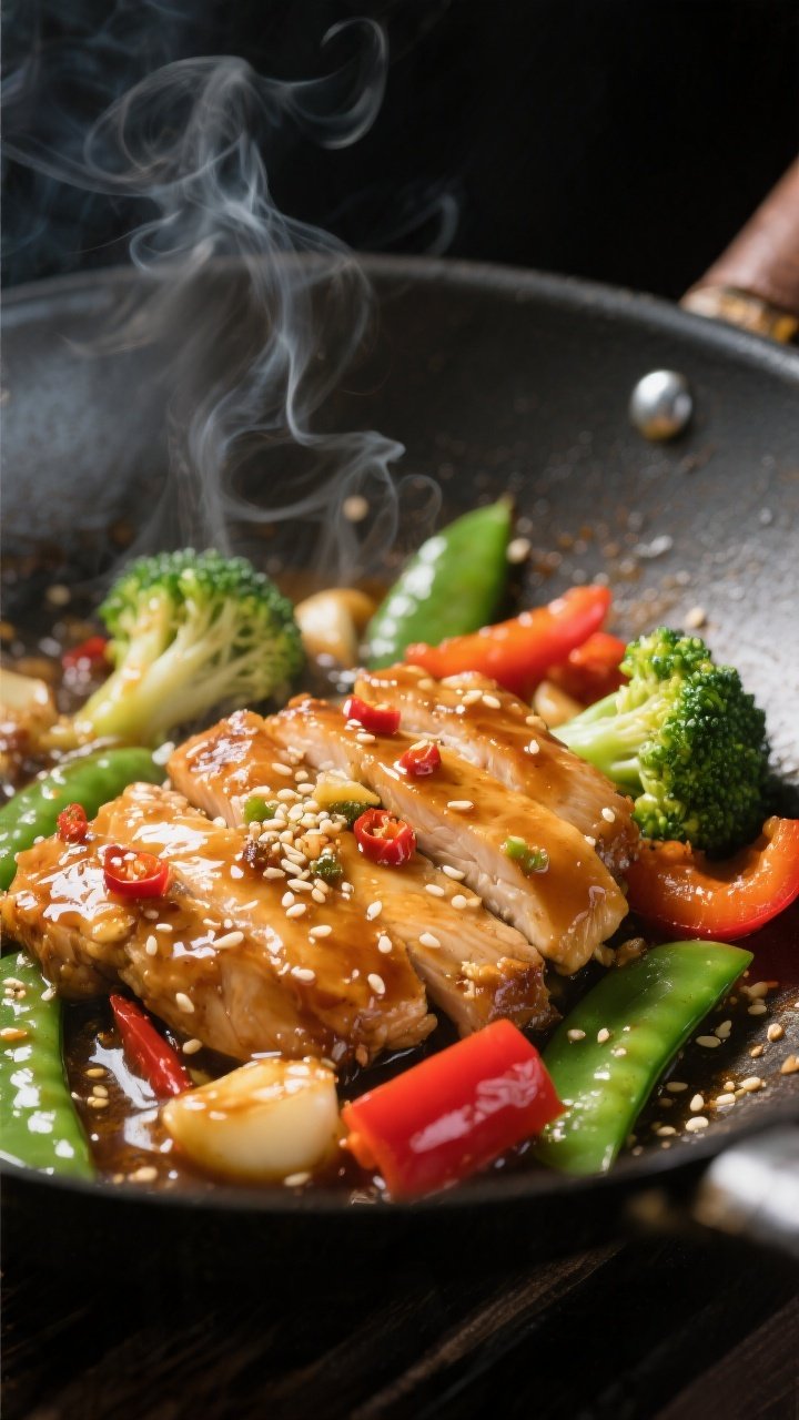 Close-up detail: Glossy honey-garlic chicken slices sizzling in a wok, sauce just thickened and clin