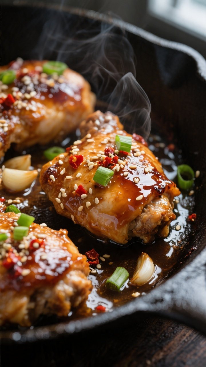 Close-up detail: Glossy honey garlic chicken thighs just out of the oven in a dark, oven-safe skille