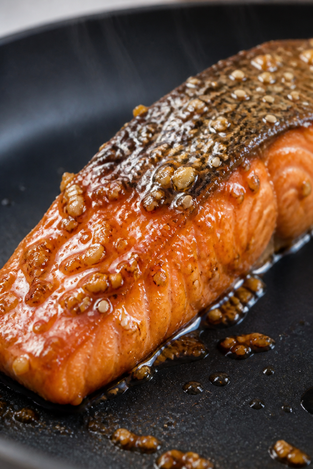 Close-up detail: Glossy honey-garlic glazed salmon fillet just off the skillet, skin-side crisp, lac