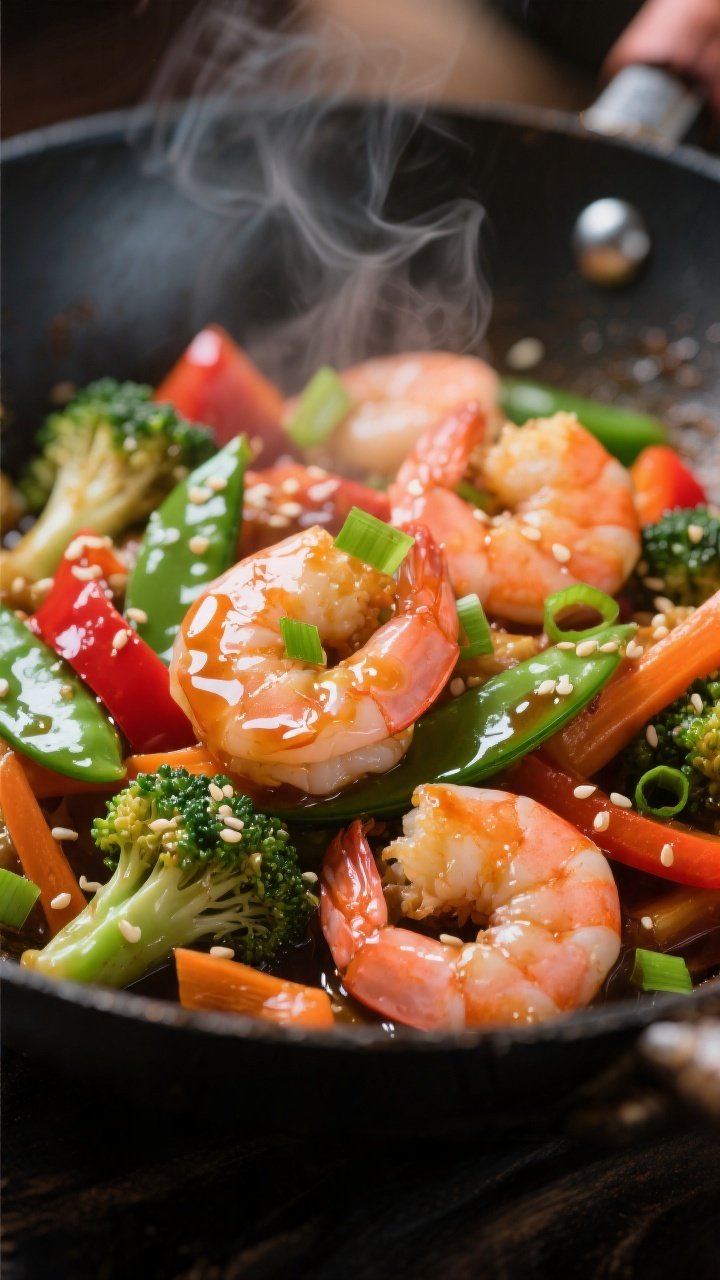 Close-up detail: Glossy honey-garlic shrimp just finished in the wok, sauce clinging and lacquered f
