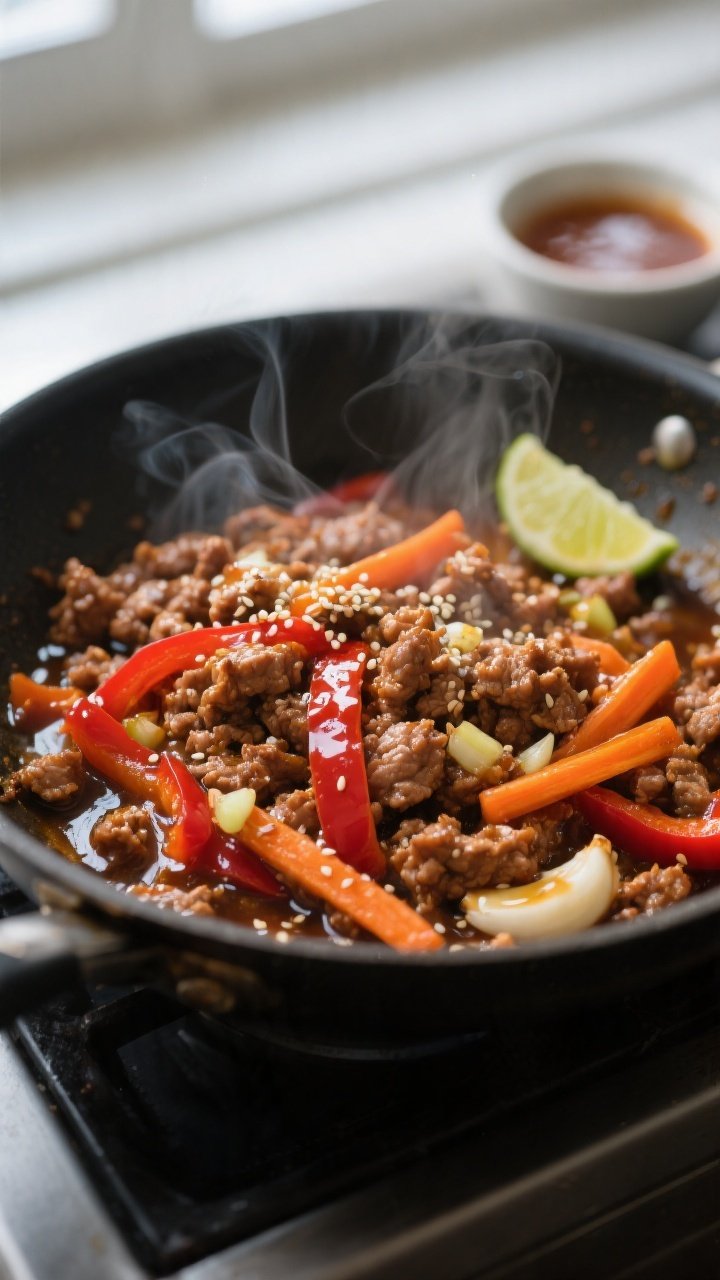 Close-up detail: Glossy hot honey–glazed ground turkey sizzling in a wide skillet, sauce clinging 