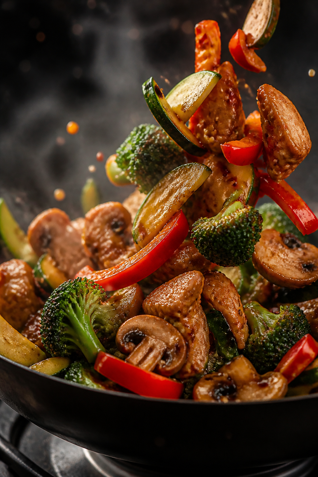 Close-up detail: Glossy keto chicken stir fry mid-toss in a sizzling wok, showing caramelized, light
