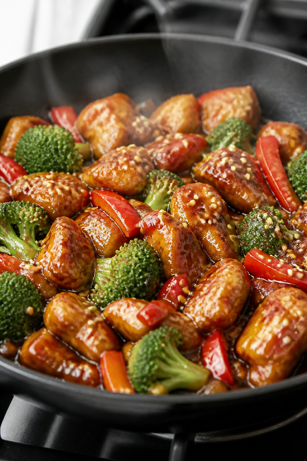 Close-up detail: Glossy sesame chicken pieces sizzling in a skillet during the “Sauce it up” ste