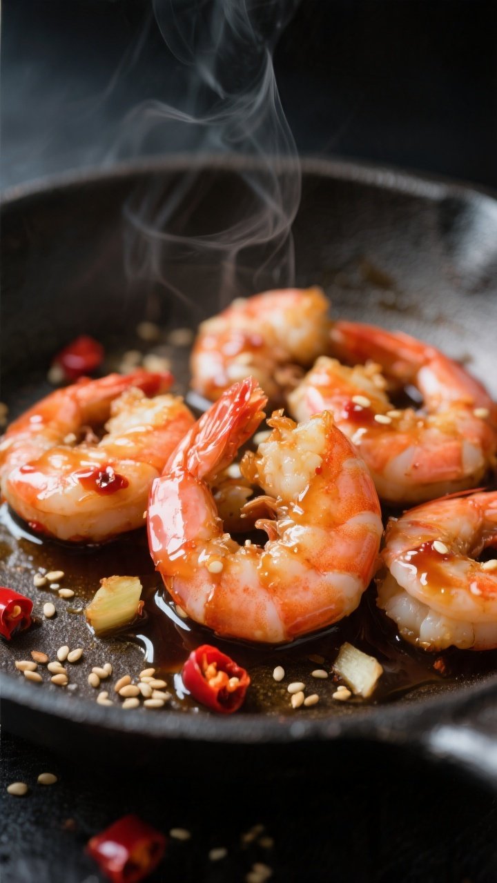 Close-up detail: Glossy spicy shrimp just off the skillet, coated in a thickened chili-garlic soy gl