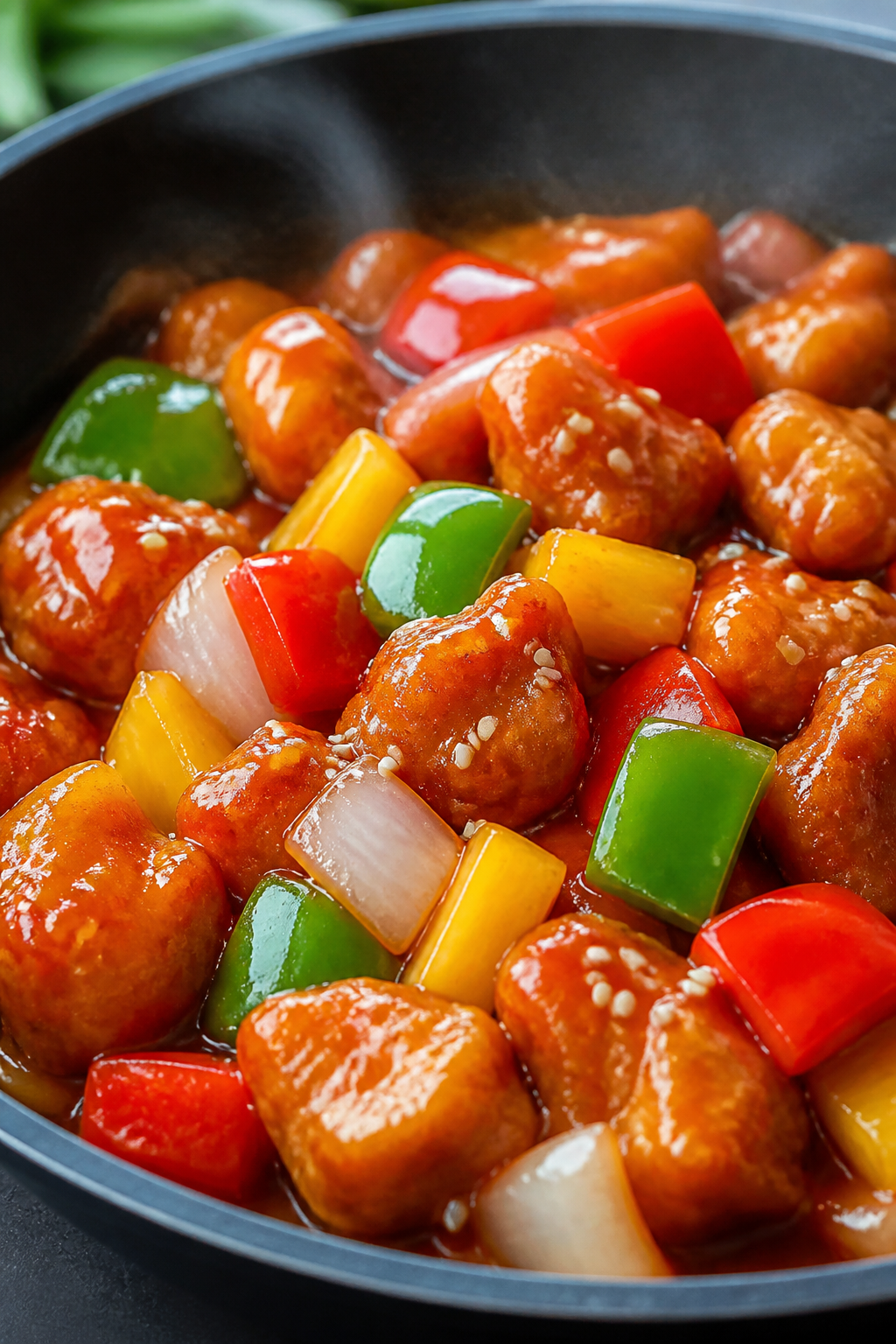 Close-up detail: Glossy sweet & sour chicken chunks tossed with red and green bell peppers, pineappl