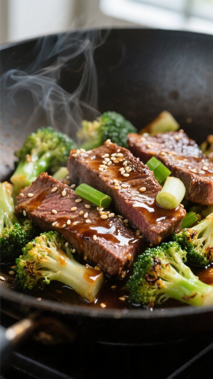 Close-up detail: Glossy, tender slices of seared flank steak tossed with crisp-tender broccoli flore